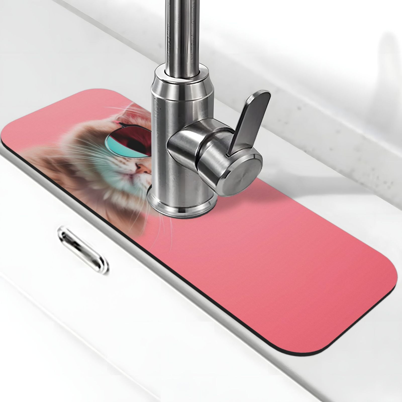 Adobk Cool Cat Pink Sunglasses Print Faucet Mat for Kitchen Sink,Sink
