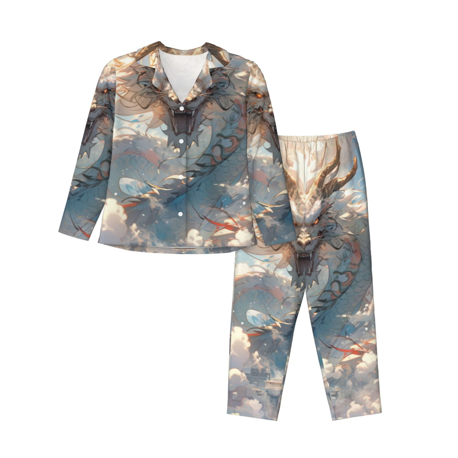 Adobk Cool Cloud White Dragon Print Pajamas Set Long Sleeve Sleepwear ...