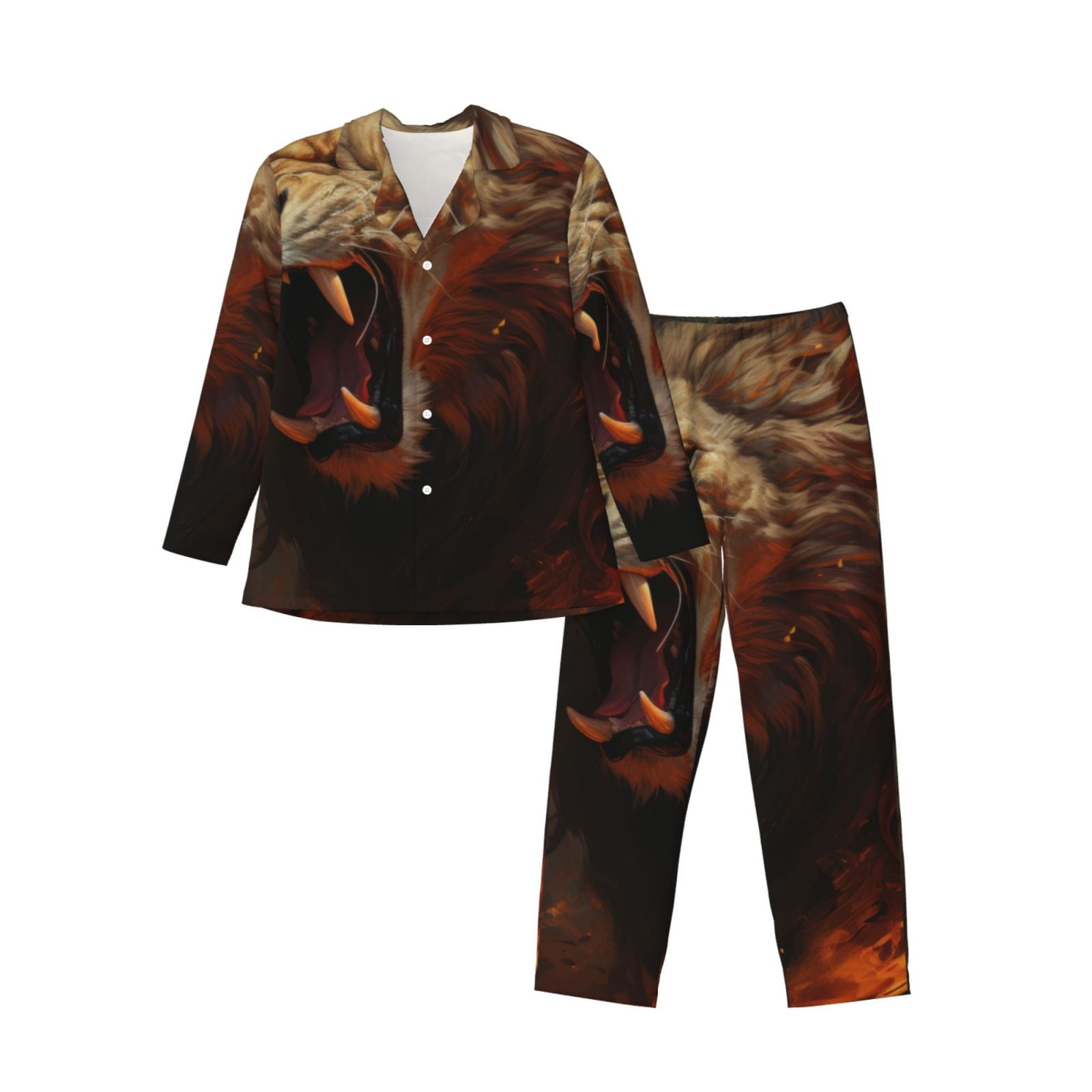 Adobk Cool Flame Lion A Print Mens Pajamas Set Long Sleeve Soft Pajamas