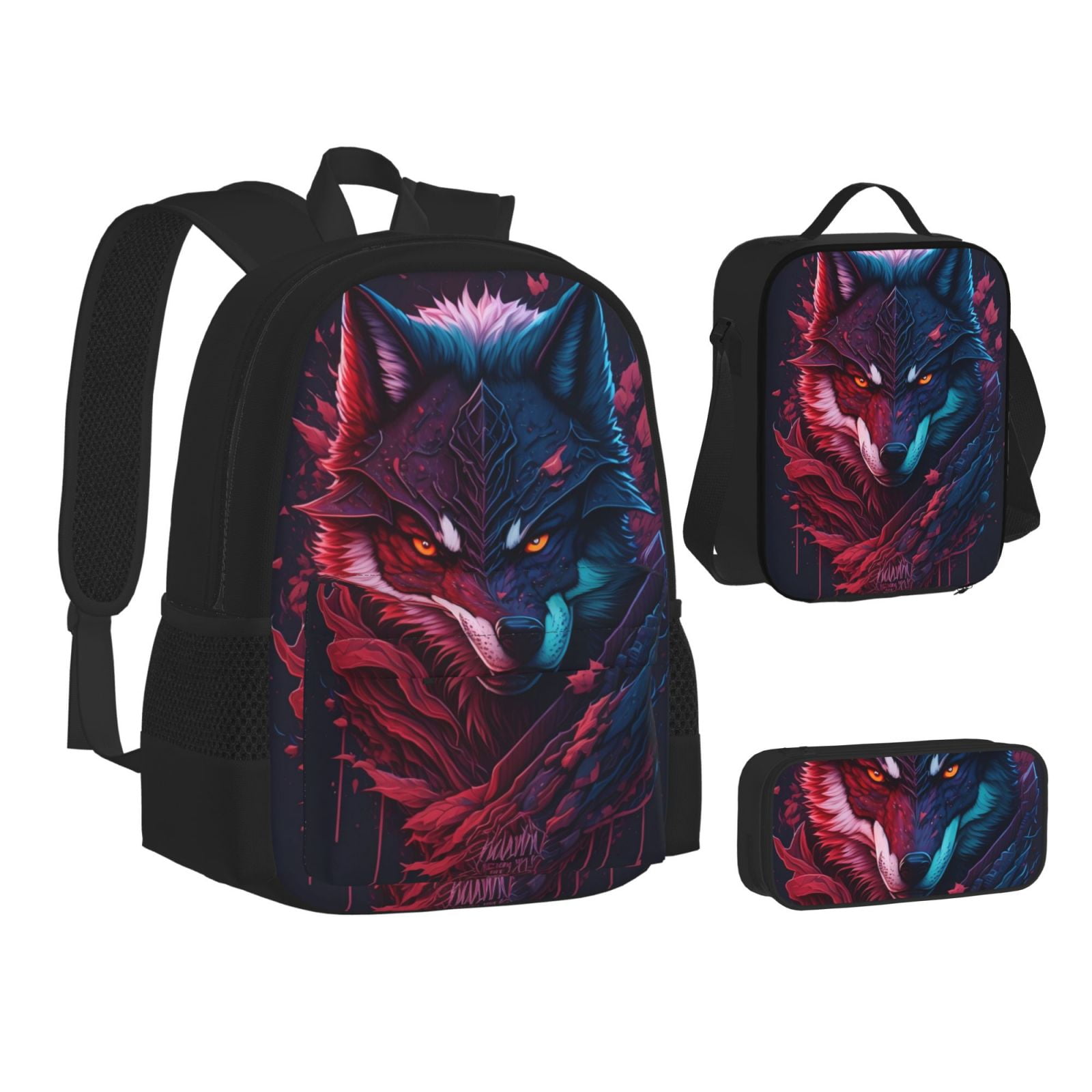 Adobk Cool Wolf Head Print Backpack Set ,School Bags with Lunch Box