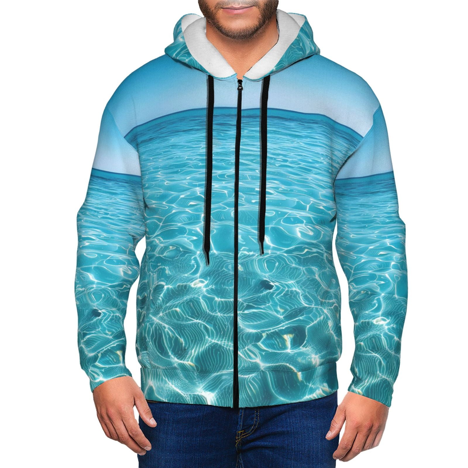 Adobk Crystal Clear Ocean Waves Print Mens Fullzip Hoodie, Zipup