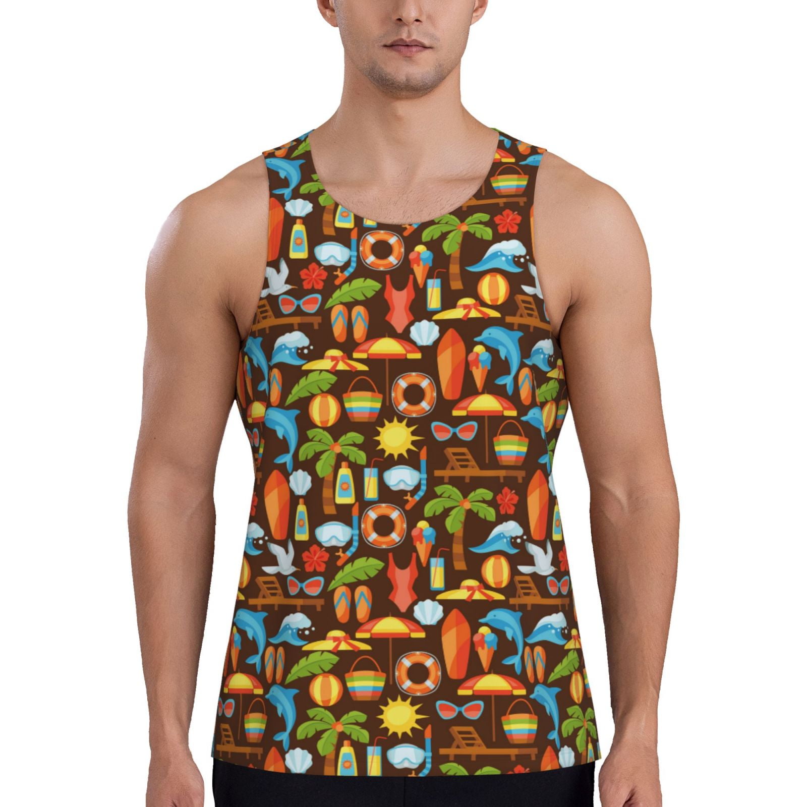 Adobk Cute Beach Dolphin Print Men's Workout Tank Tops Sleeveless Mesh