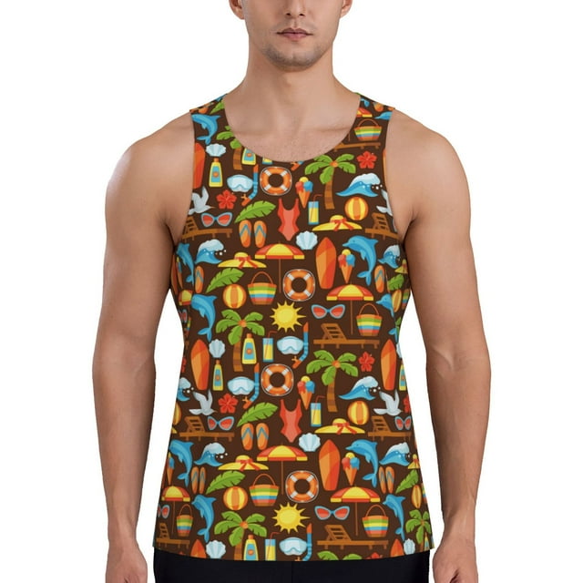 Adobk Cute Beach Dolphin Print Men's Workout Tank Tops Sleeveless Mesh