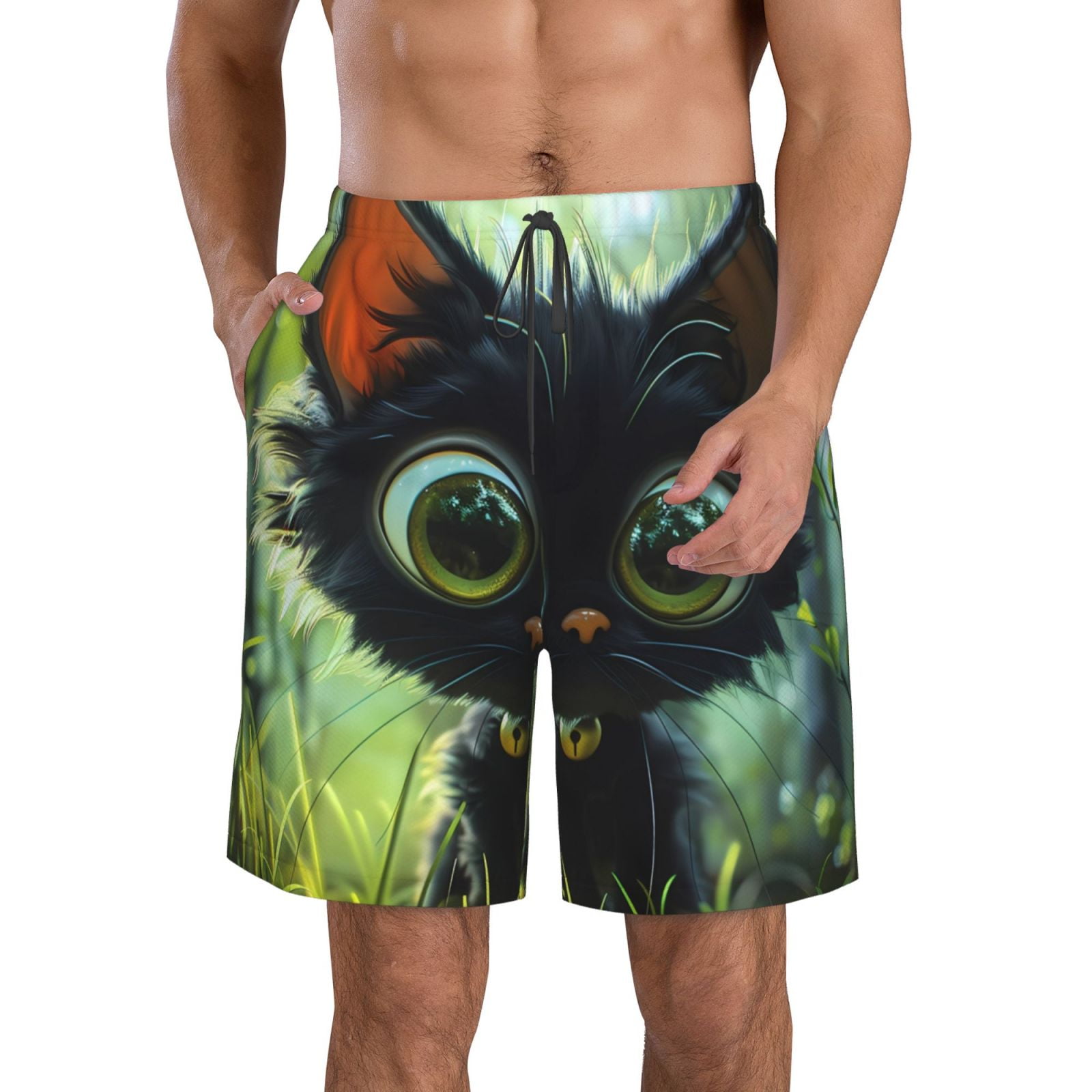 Adobk Cute BigEyed Black Cat Print Men's Swim Trunks Hawaiian Bathing