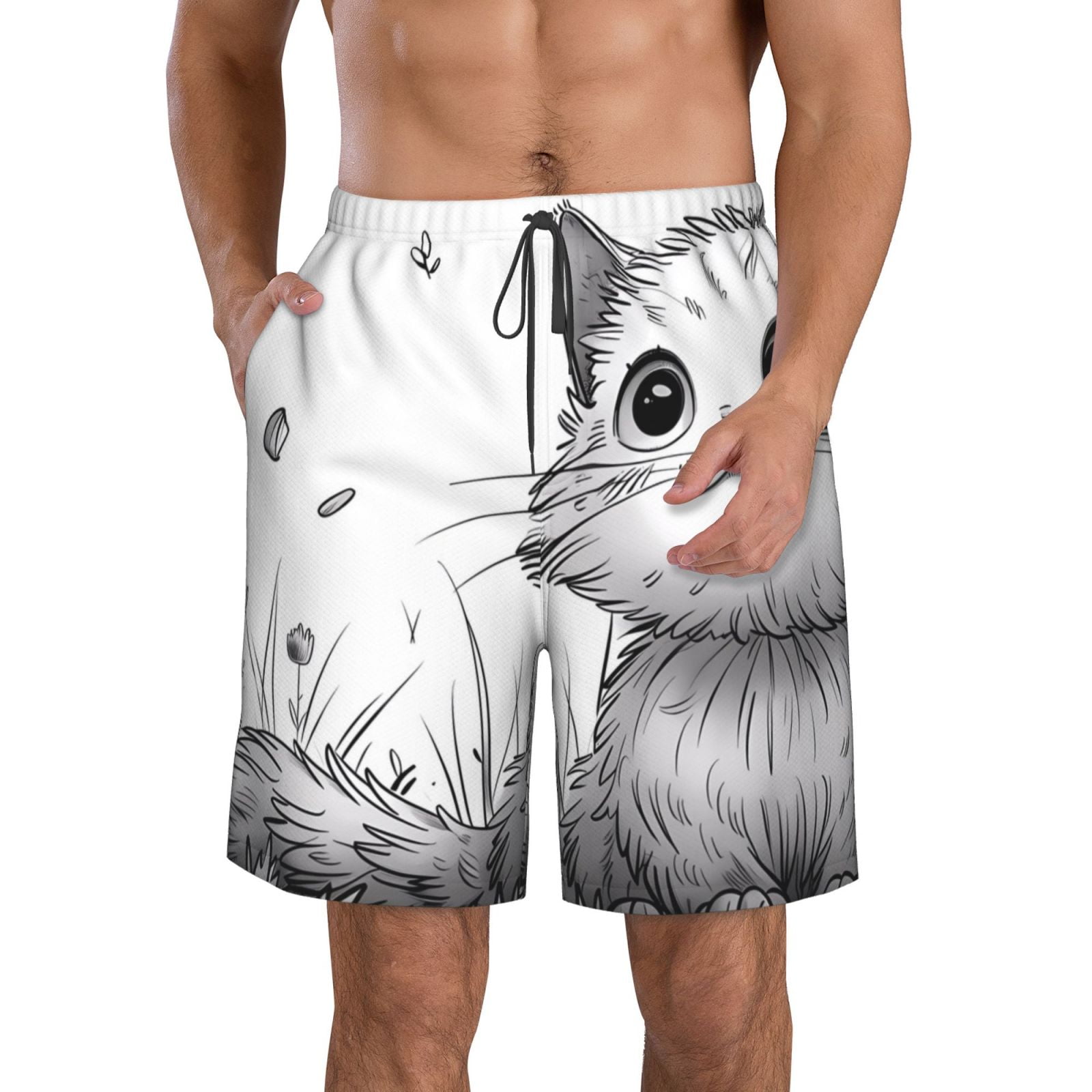 Adobk Cute Cat Meadow Sketch Print Men's Swim Trunks Hawaiian Bathing