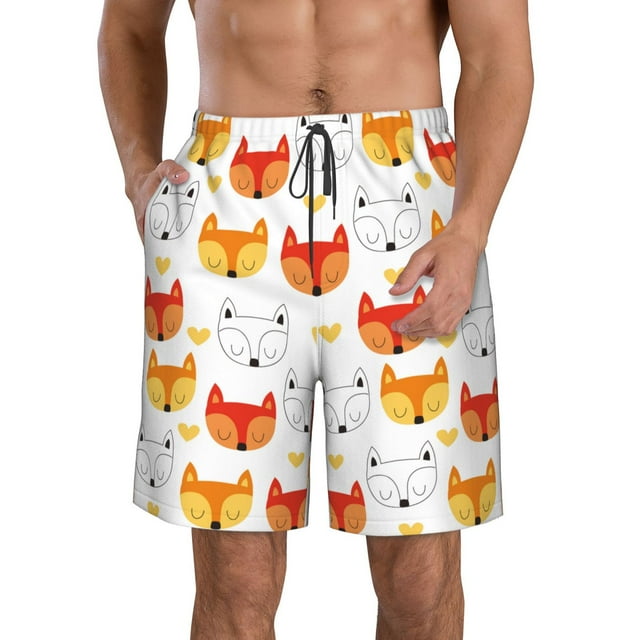 Adobk Cute Fox with Heart Print Men's Swim Trunks Hawaiian Bathing Suit Swimsuits Beach Shorts with Pockets-XX-Large