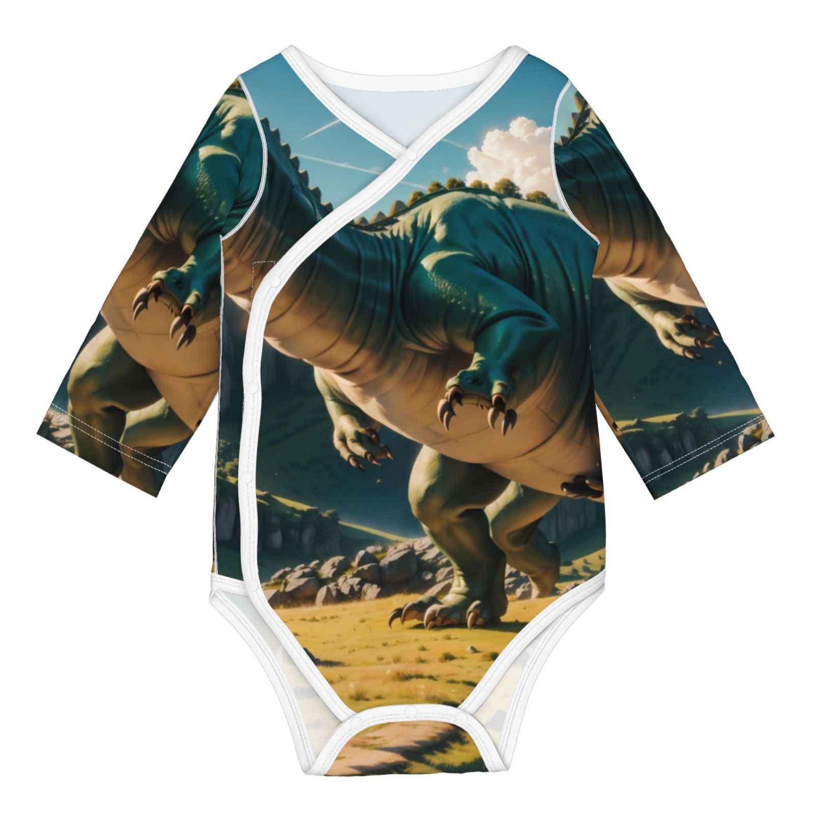 Adobk Cute Green Dinosaur Blue Sky Print Baby LongSleeve Bodysuit Baby