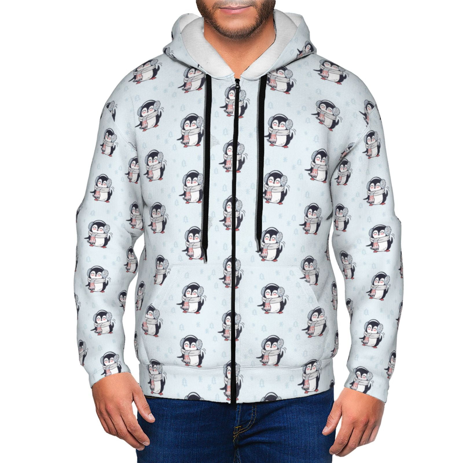 Adobk Cute Penguin with Scarf Print Mens Fullzip Hoodie, Zipup Hooded