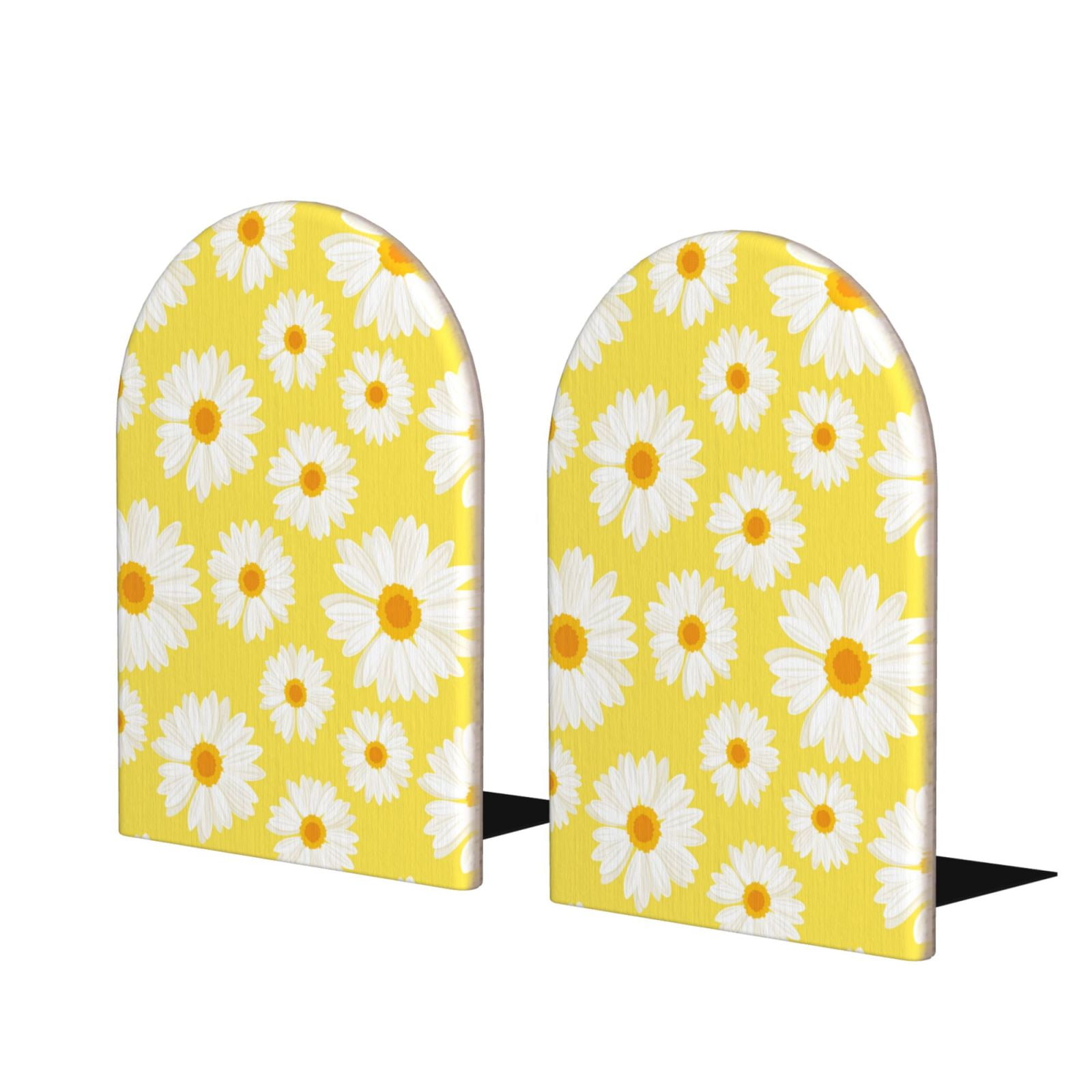 Adobk Daisies Flowers Print Wooden Bookends with Metal Base,onSkid