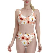 Adobk Daisy And Ladybug Print Women High Waisted Bikini Set Sports Swimsuit Bathing Suit-Small