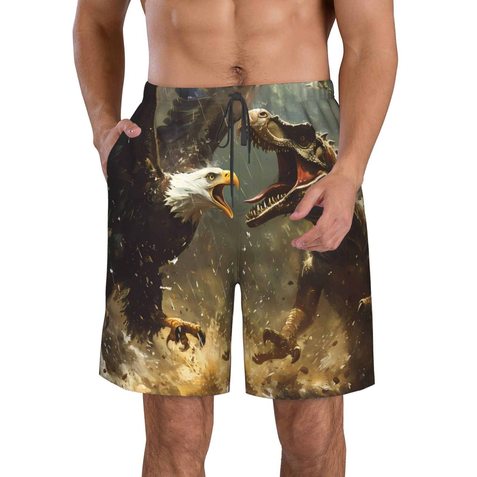 Adobk Dinosaur Bald Eagle Print Men's Swim Trunks Hawaiian Bathing Suit