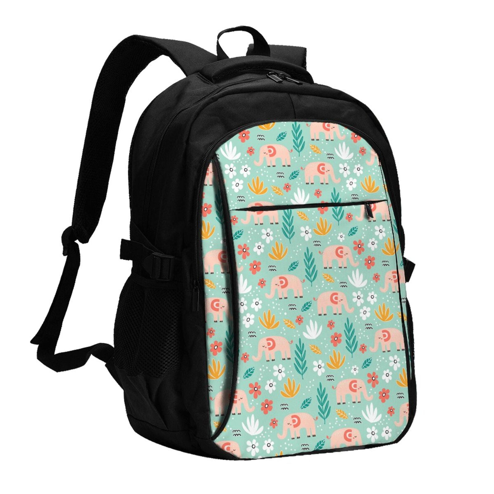 Adobk Elephant and Flowers Print Travel Laptop Backpack, Anti Theft