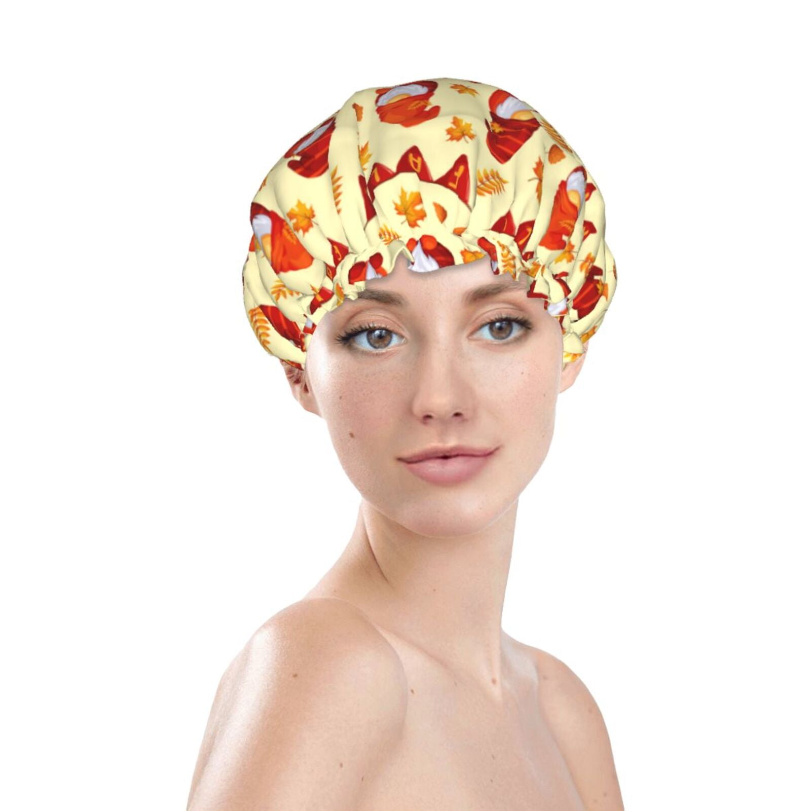 Adobk Fall Gnomes Print Shower Cap Large Shower Cap for Women Reusable