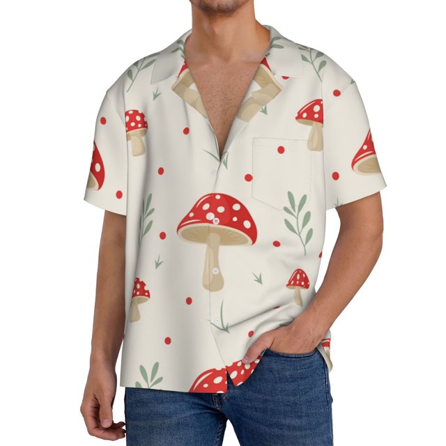 Adobk Flat Mushrooms Print Men's Casual Button Down Shirt Summer