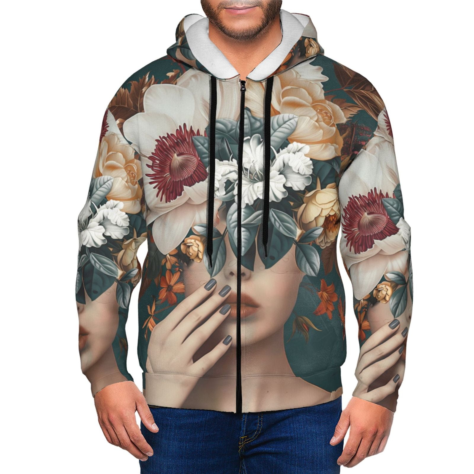 Adobk Floral Head Dreamscape Print Mens Fullzip Hoodie, Zipup Hooded