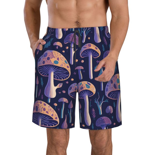 Adobk Floral Hippie Mushrooms Print Men's Swim Trunks Hawaiian Bathing