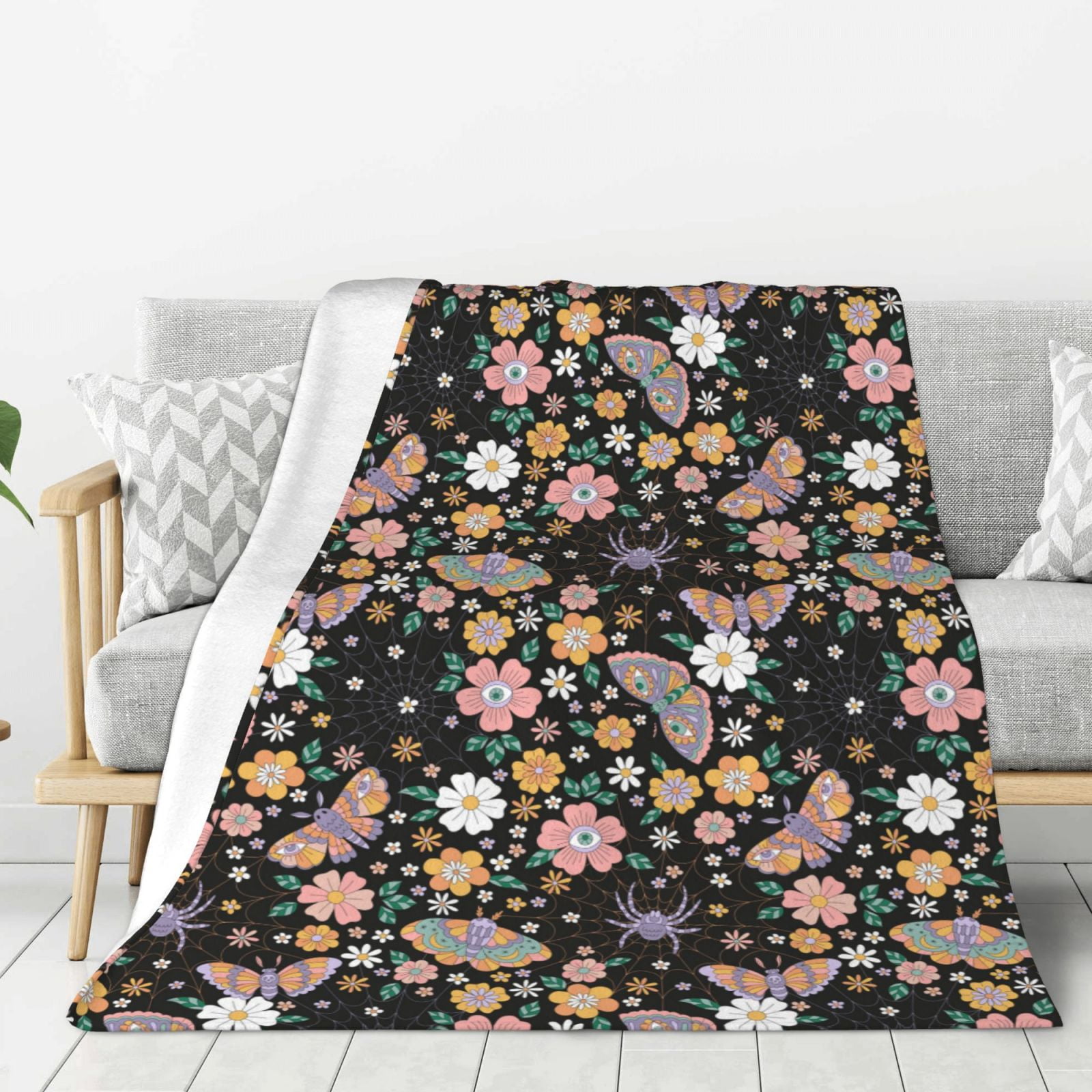 Adobk Floral Insects Print Blanket Super Soft Flannel Throw Blanket