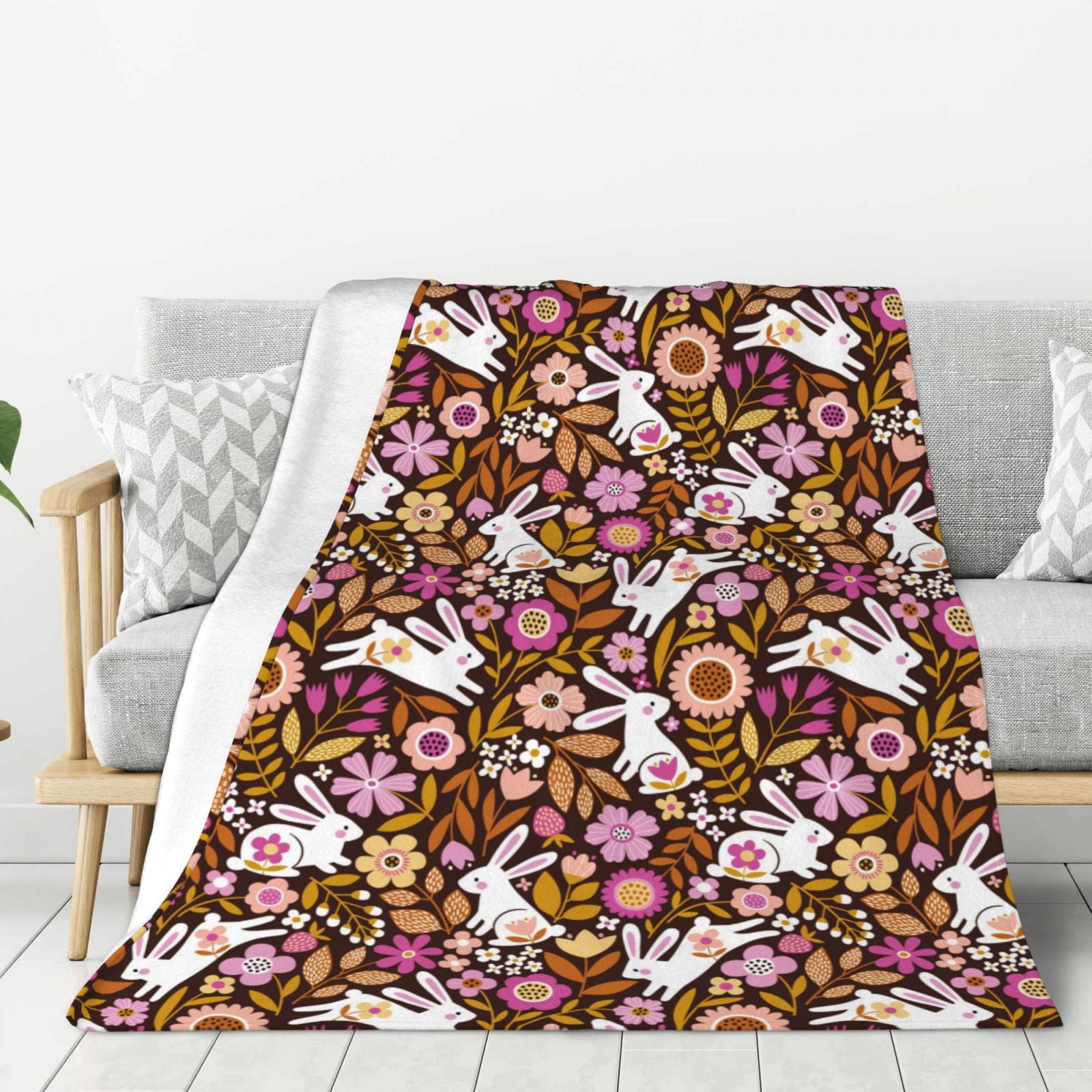 Adobk Flower Bunny Print Blanket Super Soft Flannel Throw Blanket