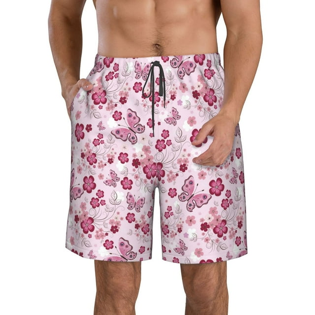 Adobk Flower Butterfly Print Men's Swim Trunks Hawaiian Bathing Suit Swimsuits Beach Shorts with Pockets-3X-Large