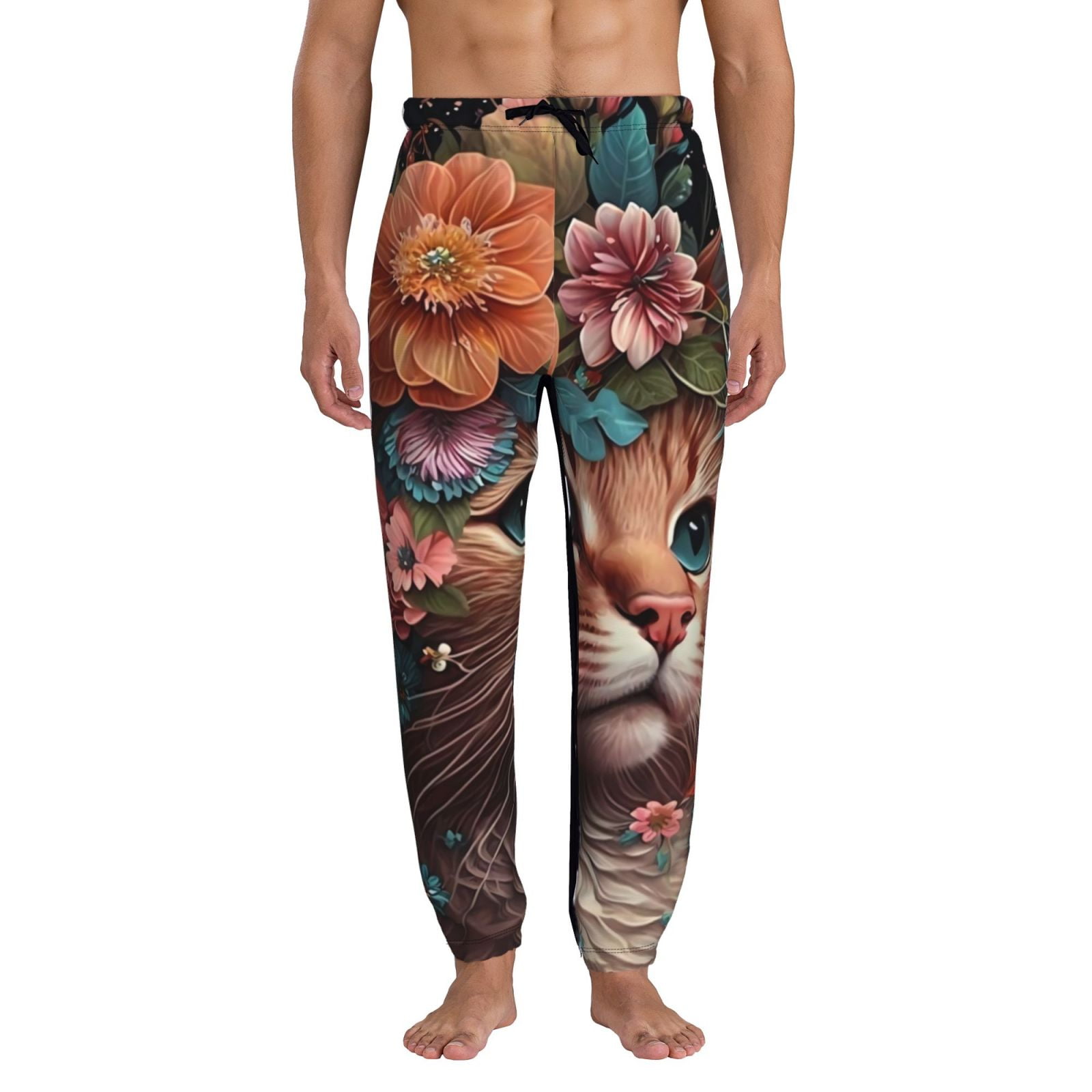 Adobk Flower Crown Cat Print Men's Sweatpants Tapered Joggers for Men ...