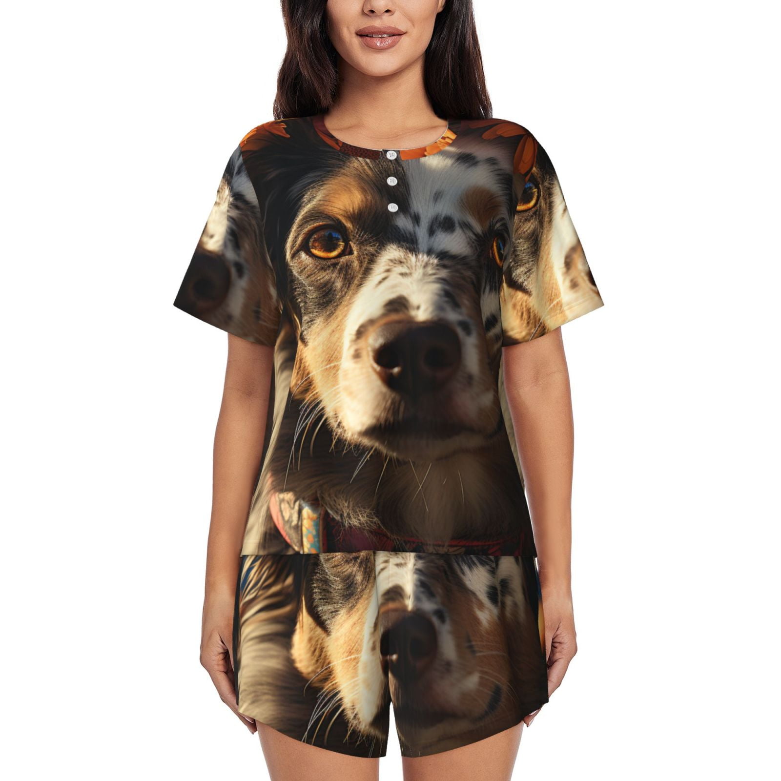 Adobk Flower Crown Dog Print Women Pajamas Sets for Short-Sleeved ...
