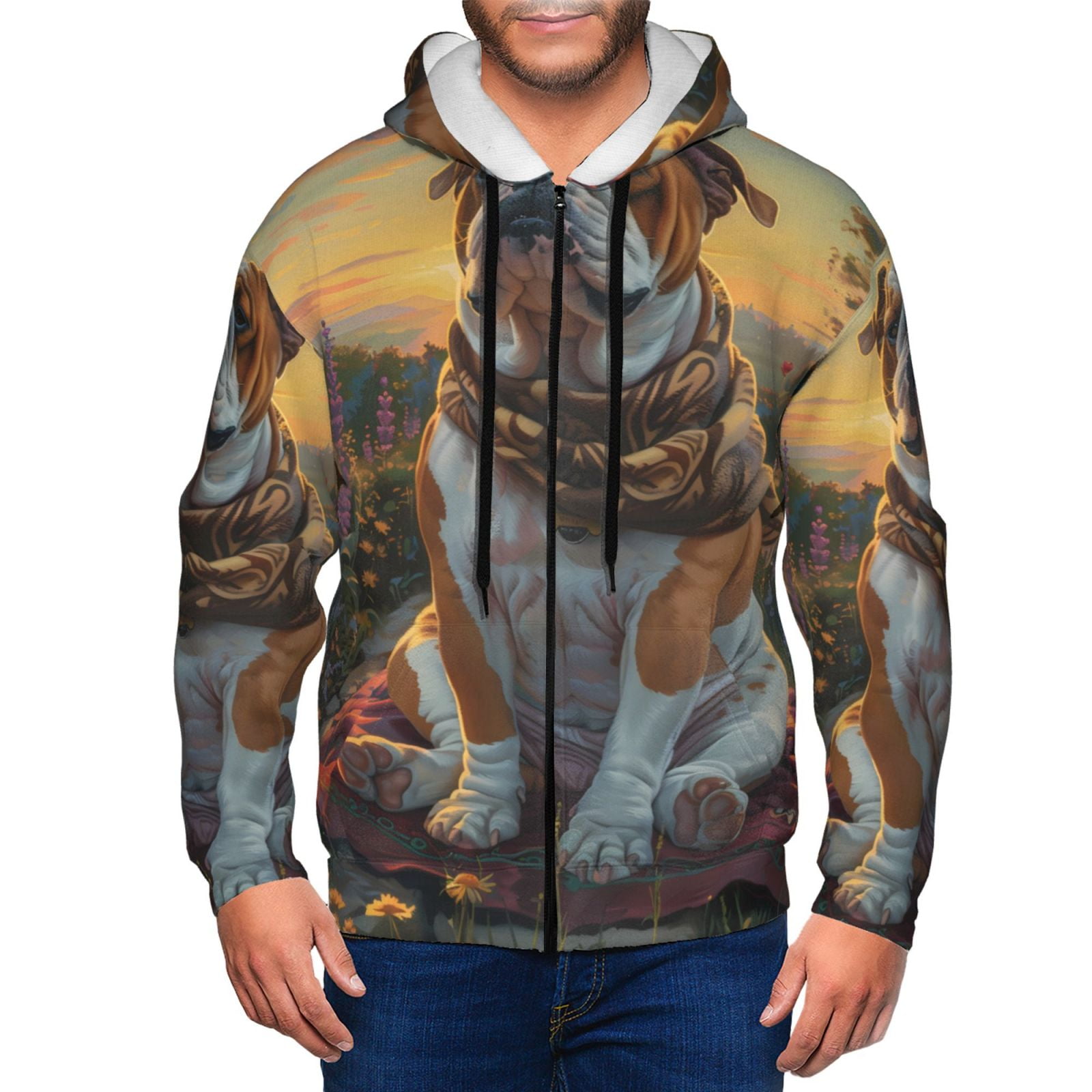 Adobk Flower Field Cute Bulldog Print Mens Fullzip Hoodie, Zipup