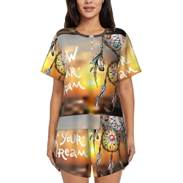 Adobk Follow Your Dream Dreamcatcher Print Women Pajamas Sets for Short-Sleeved，Shorts Comfy Pjs Casual Lounge Sets Sleepwear with Pockets-3X-Large
