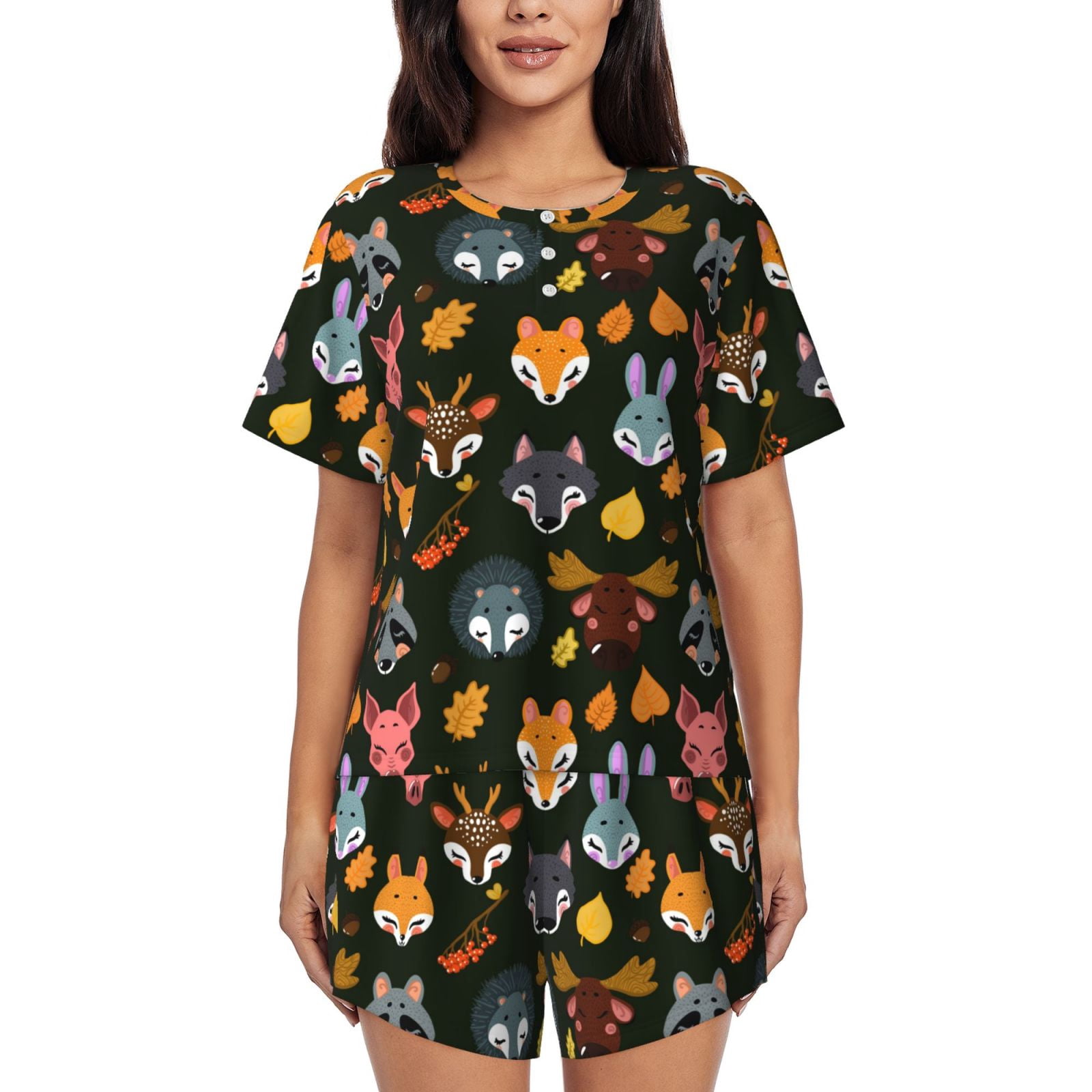 Adobk Forest Animal Faces Print Women Pajamas Sets for Short-Sleeved ...