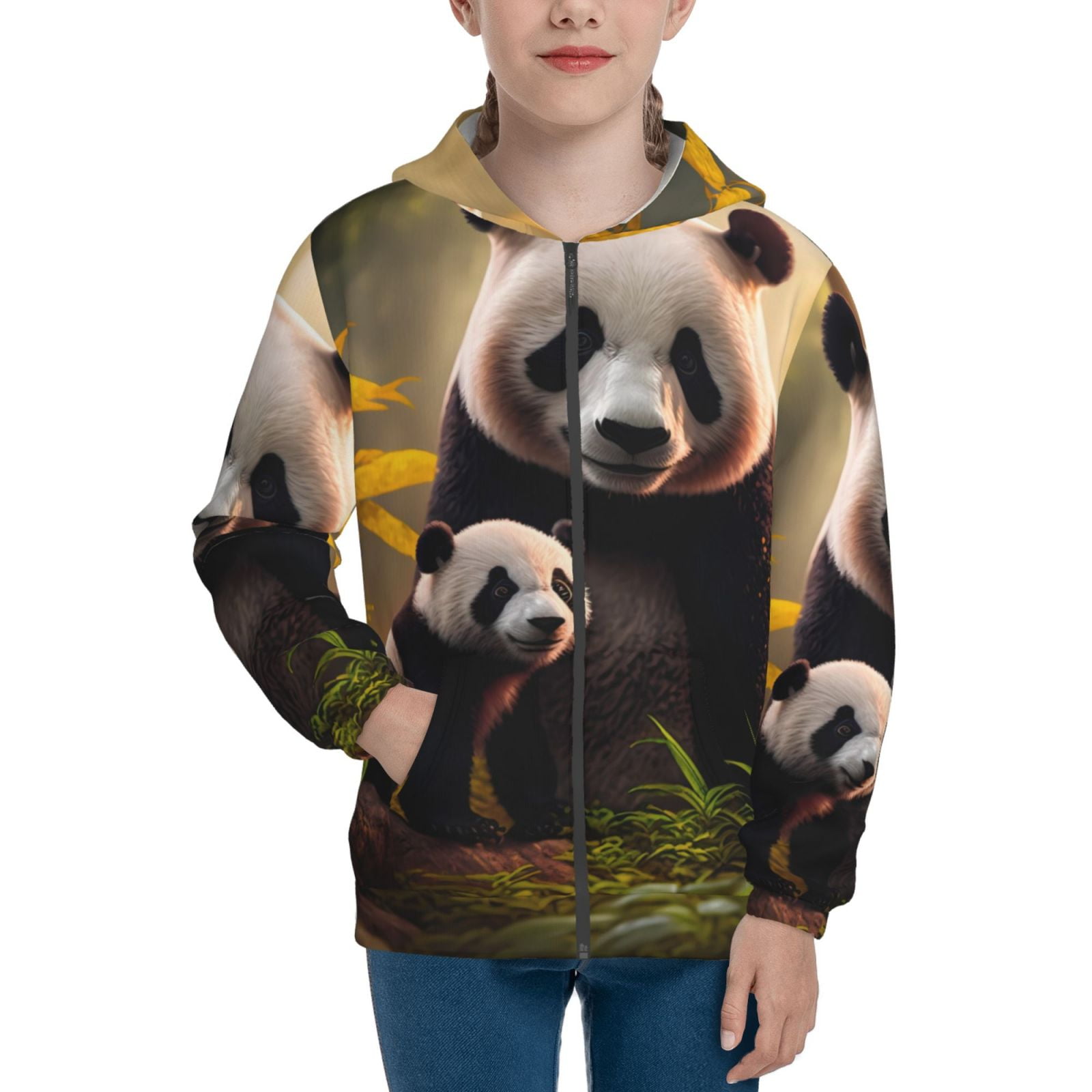Adobk Forest Panda Print Teenage Hoodies Fashion Crew Neck Zipper