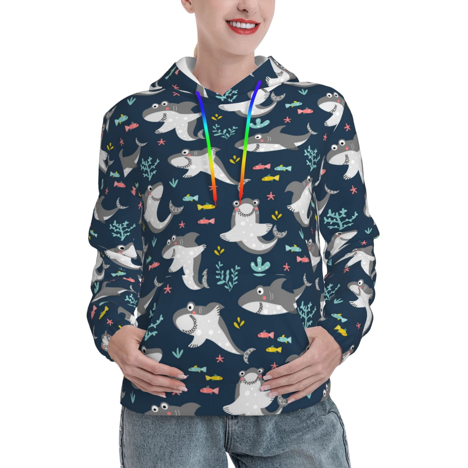 Adobk Friendly Sharks Print Womens Casual Hoodies Long Sleeve ...