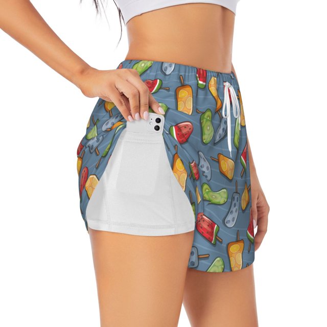 Adobk Fruit Ice Cream Print Women's Workout Shorts for Athletic Gym