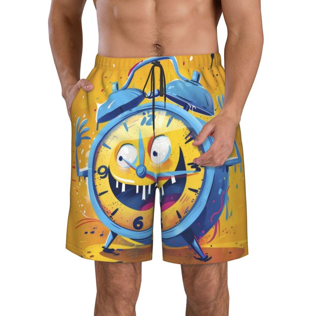 Adobk Funny Alarm Clock Illustration Print Men's Swim Trunks Hawaiian
