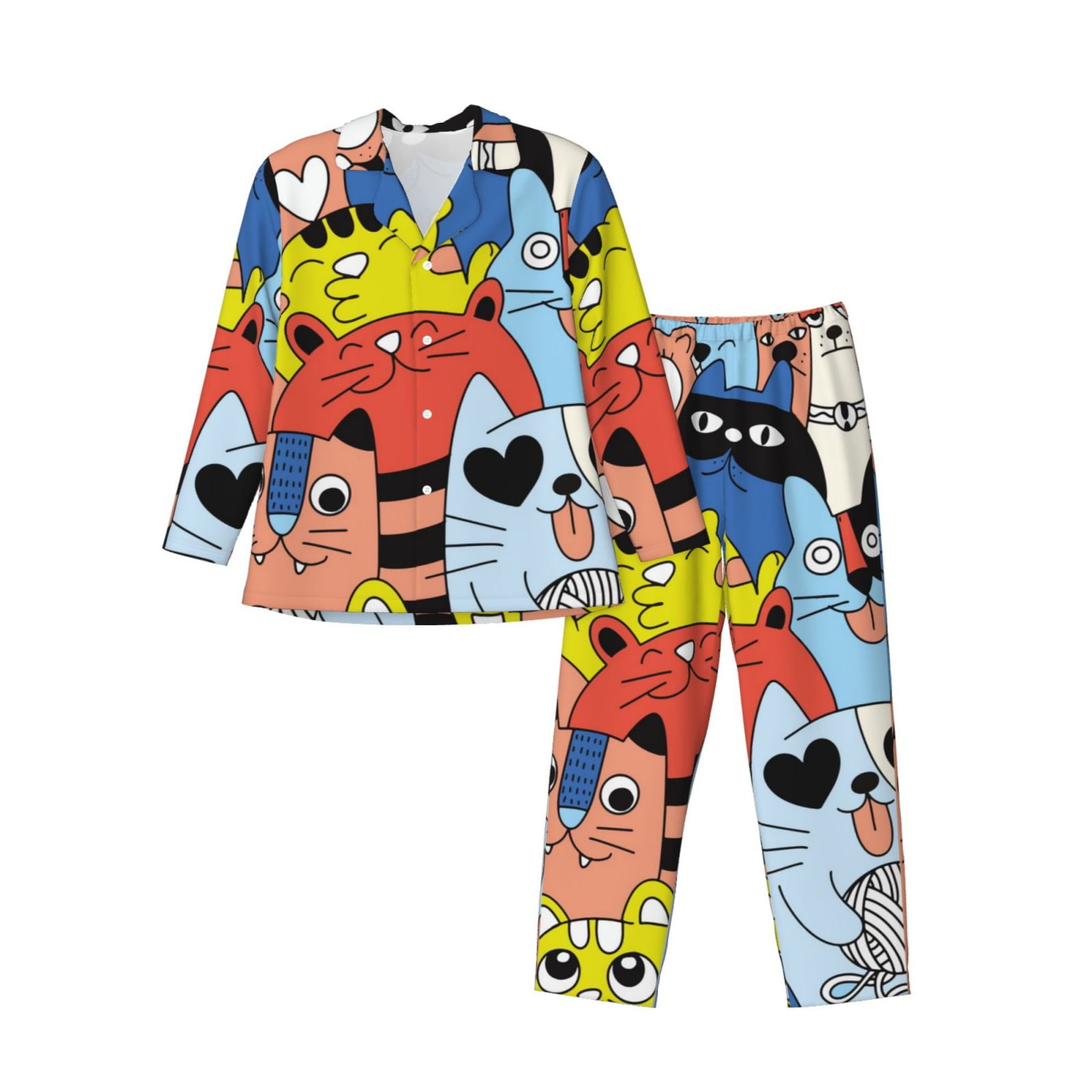 Adobk Funny Cats Print Mens Pajamas Set Long Sleeve Soft Pajamas for