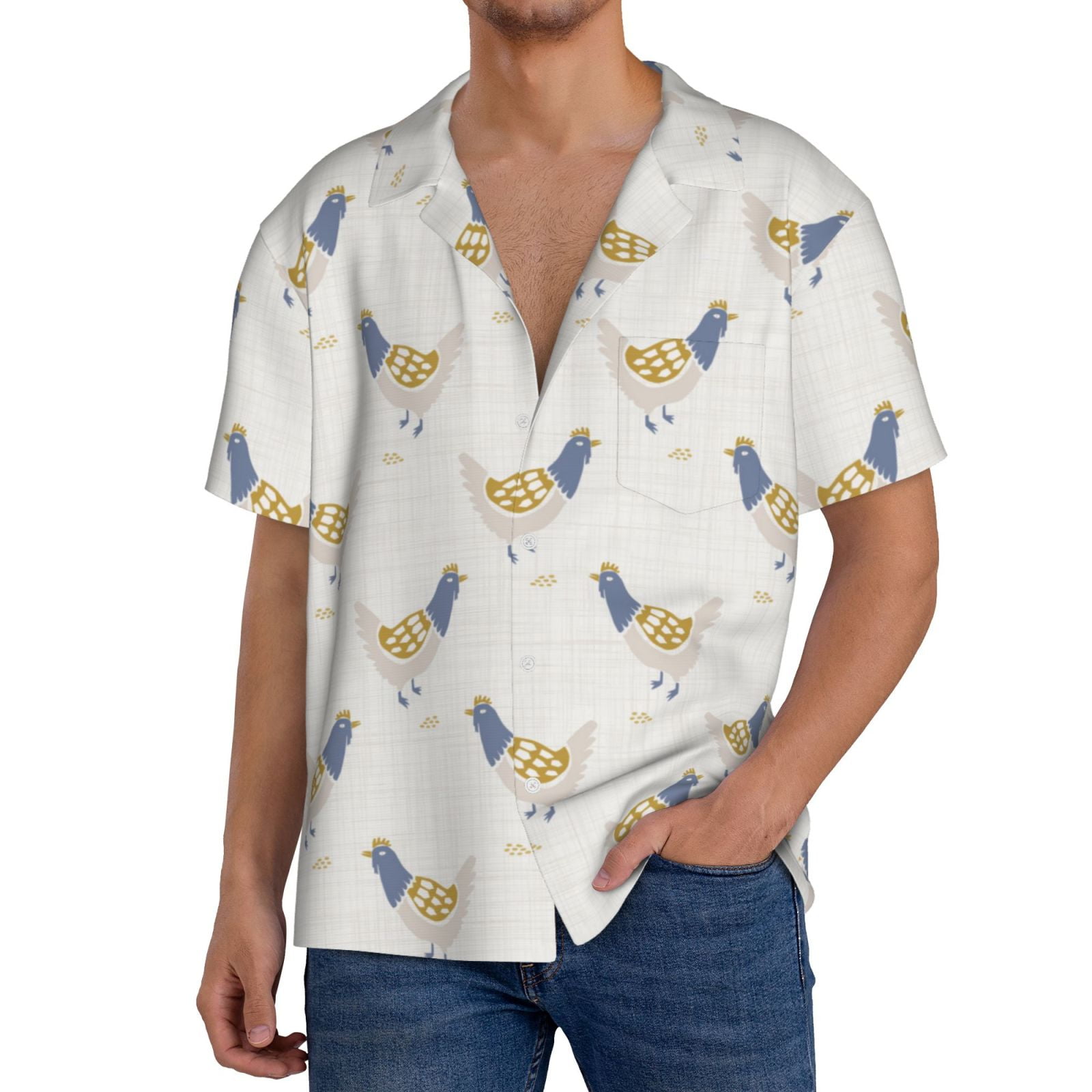 Adobk Funny Chicken Print Men's Casual Button Down Shirt Summer Hipster