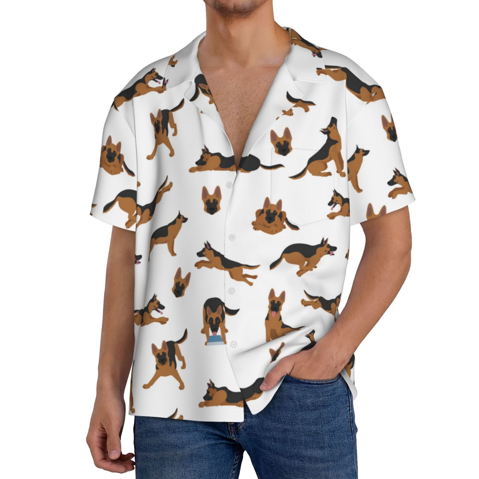 Adobk German Shepherd Dog Print Men's Casual Button Down Shirt Summer Hipster Regular Fit Short ...