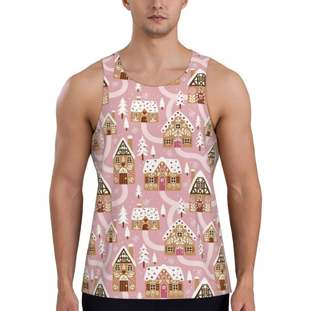 Adobk Gingerbread Houses Pink Wonderland Print Men's Workout Tank Tops