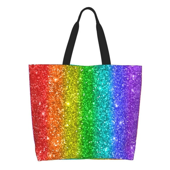 Glitter Rainbow Print Stylish Canvas Tote Bag with an External Pocket, Top Zipper Closure, Daily Essentials