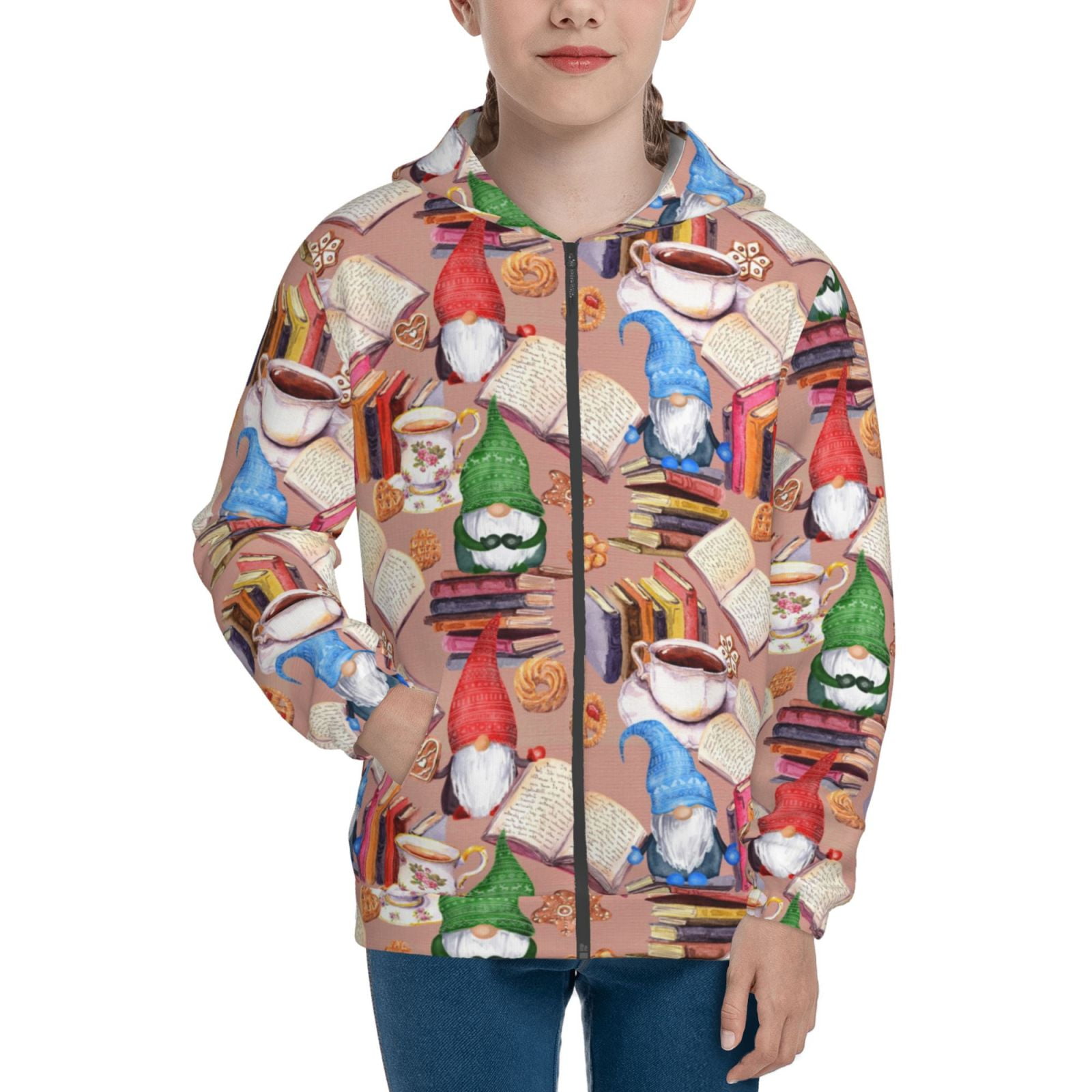 Adobk Gnomes Books Tea Cups Print Teenage Hoodies Fashion Crew Neck