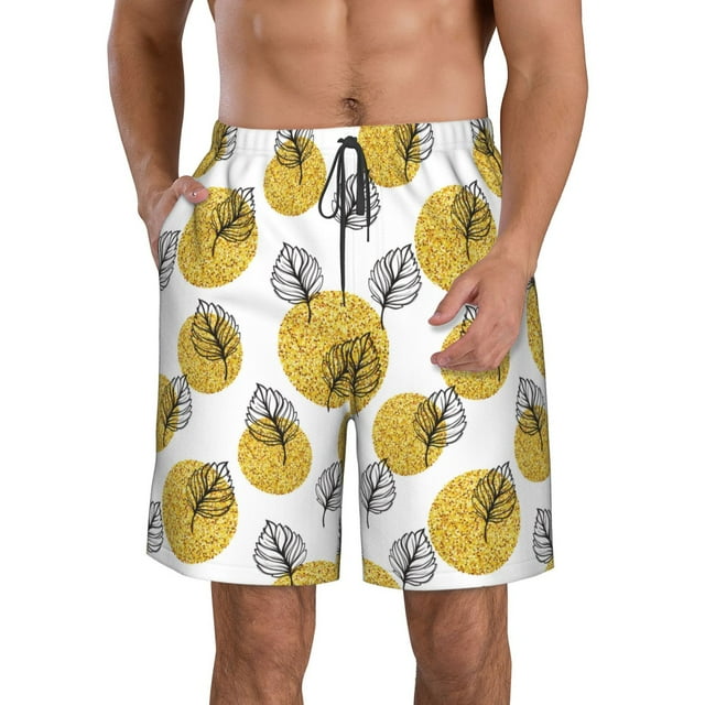 Adobk Gold Dots and Leaves Print Men's Swim Trunks Hawaiian Bathing Suit Swimsuits Beach Shorts with Pockets-XX-Large