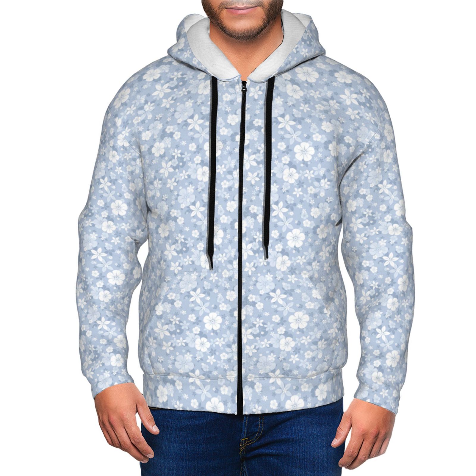 Adobk Gray White Floral Print Mens Fullzip Hoodie, Zipup Hooded