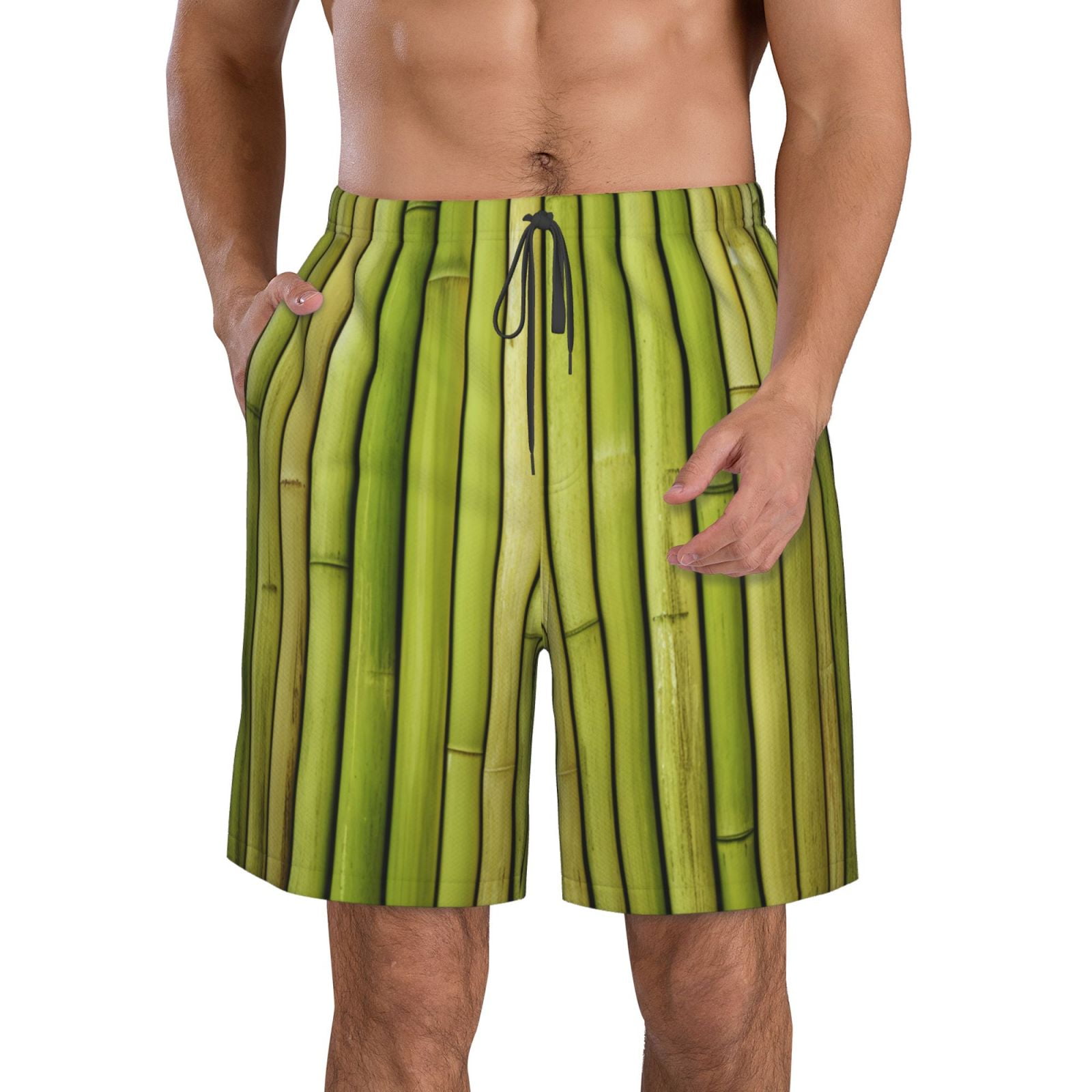 Adobk Green Bamboo Fence Print Men's Swim Trunks Hawaiian Bathing Suit