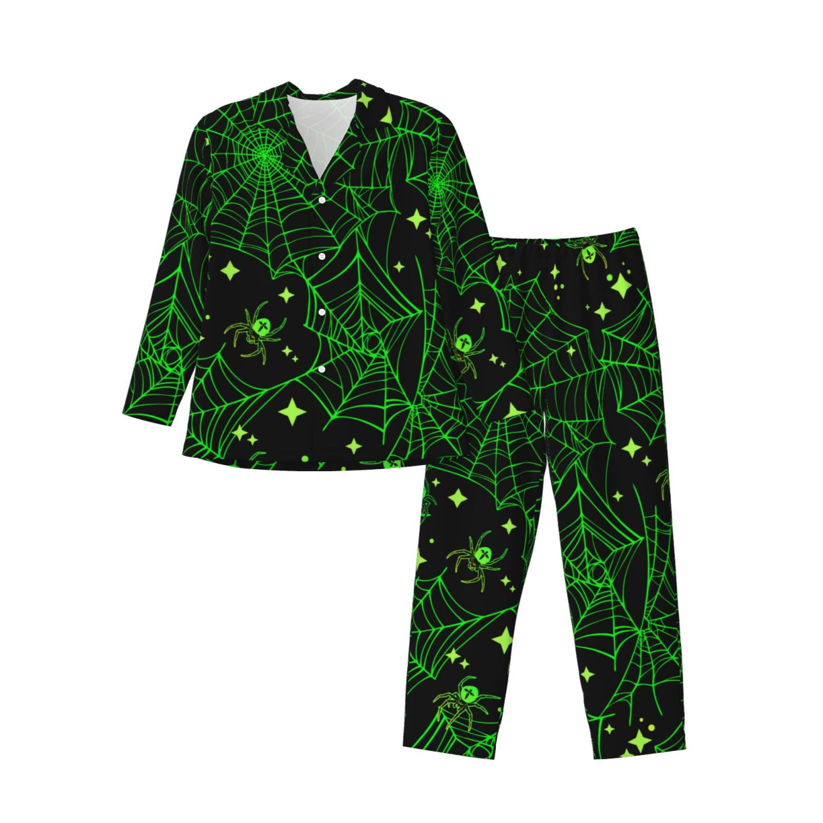 Adobk Green Bright Web with Spiders Print Mens Pajamas Set Long Sleeve ...