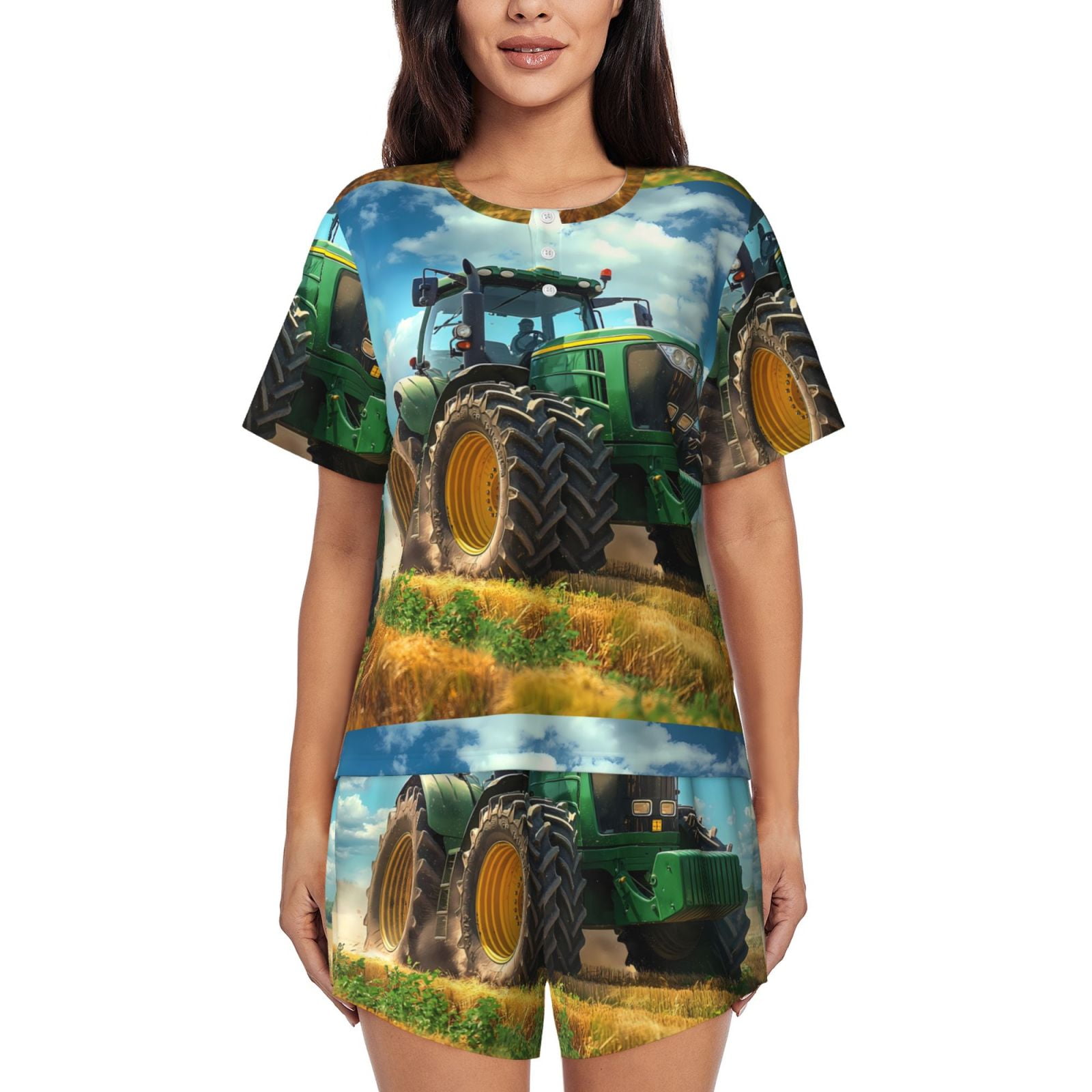 Adobk Green Tractor Field Print Women Pajamas Sets for ShortSleeved