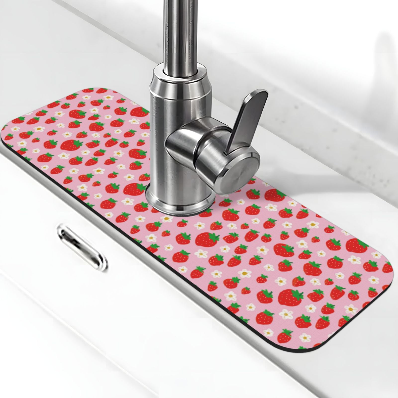 Adobk Hand Drawn Strawberry Print Faucet Mat for Kitchen Sink,Sink