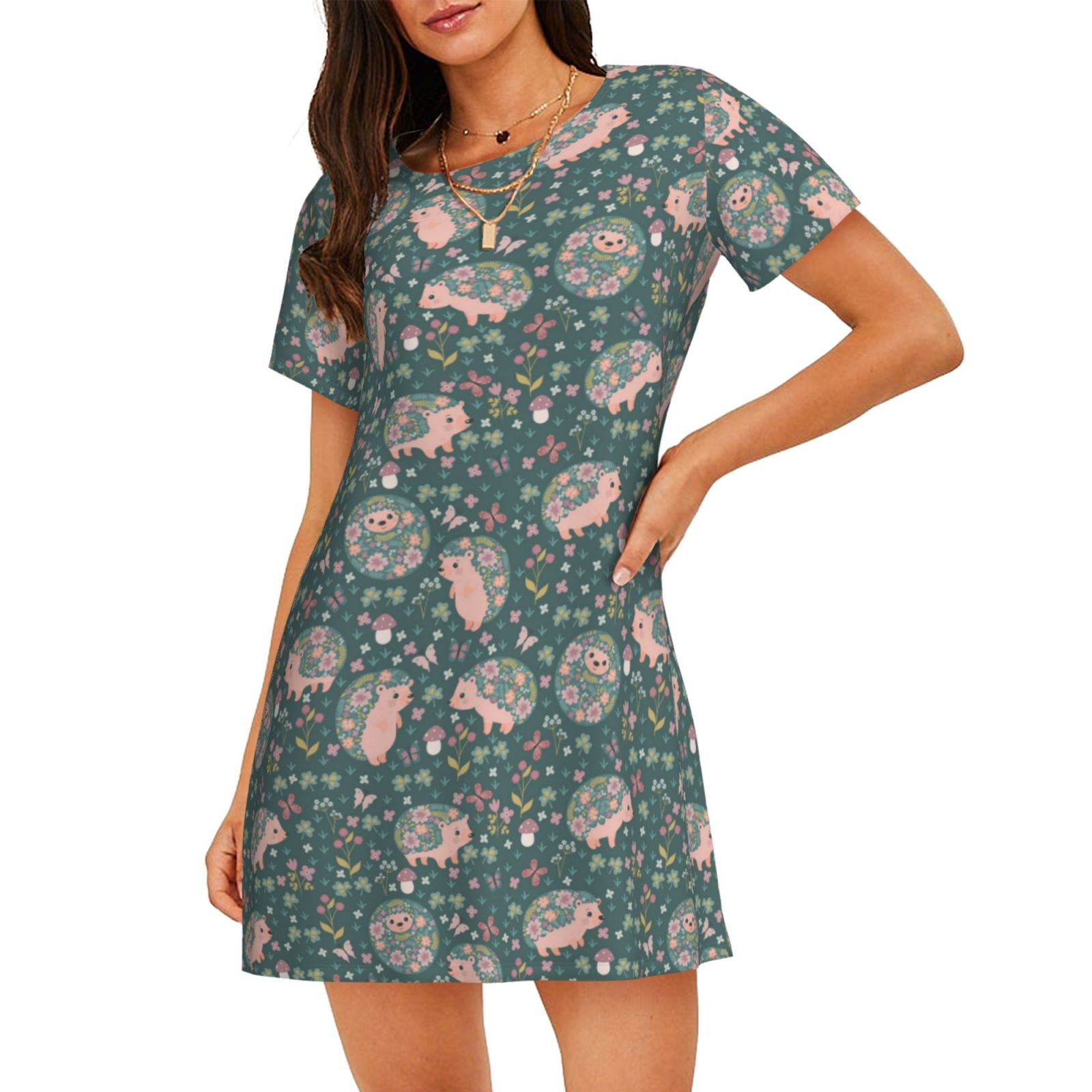 Bimba Women's Geometric Print Sleepshirt - Short Sleeve Nightwear Dress With Pockets - View #8