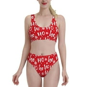 Adobk Hohoho Print Women High Waisted Bikini Set Sports Swimsuit Bathing Suit-X-Large