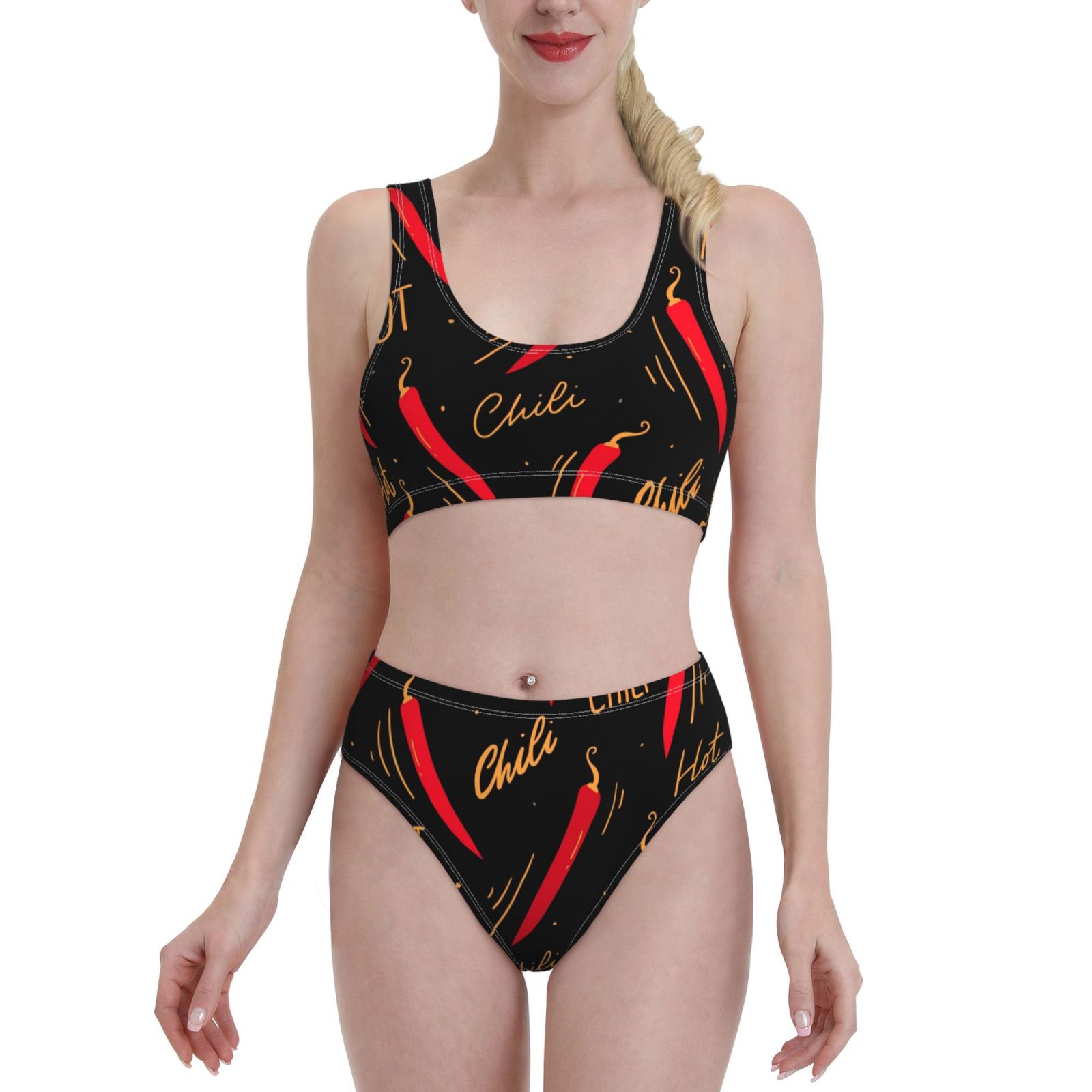 Adobk Hot Chili Print Women High Waisted Bikini Set Sports Swimsuit