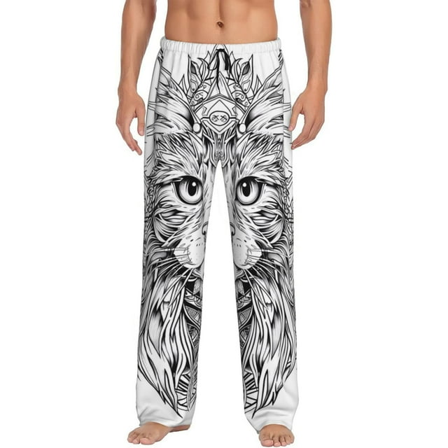 Adobk Intricate Cat Mandala Print Men's PolySpandex Jersey Knit Pajama