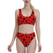 Adobk Ladybug Pattern Print Women High Waisted Bikini Set Sports Swimsuit Bathing Suit-Small