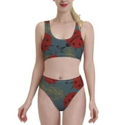 Adobk Ladybug Print Women High Waisted Bikini Set Sports Swimsuit Bathing Suit-Small